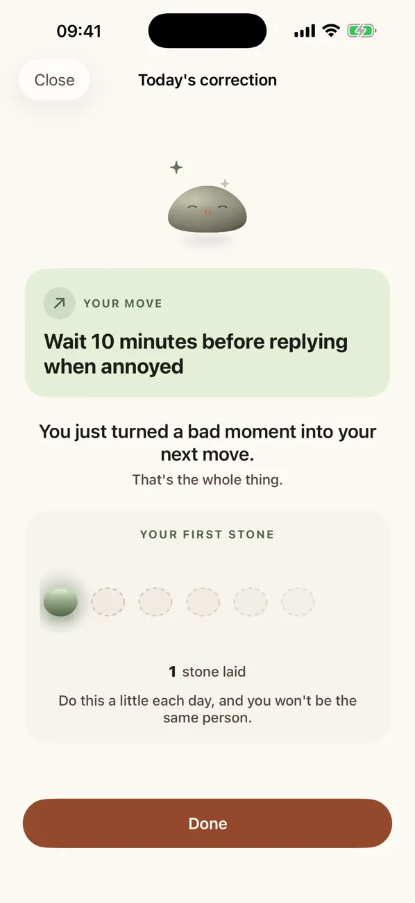 Today's correction screen showing a concrete move: wait 10 minutes before replying when annoyed