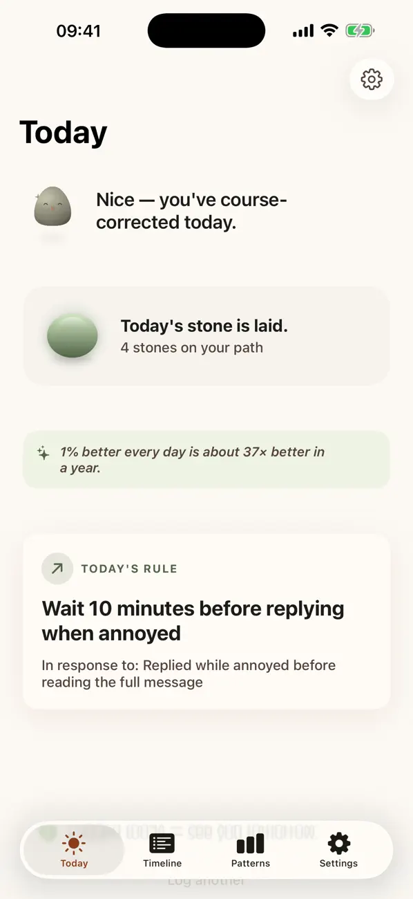 Today screen with today's rule and a stone laid on your path