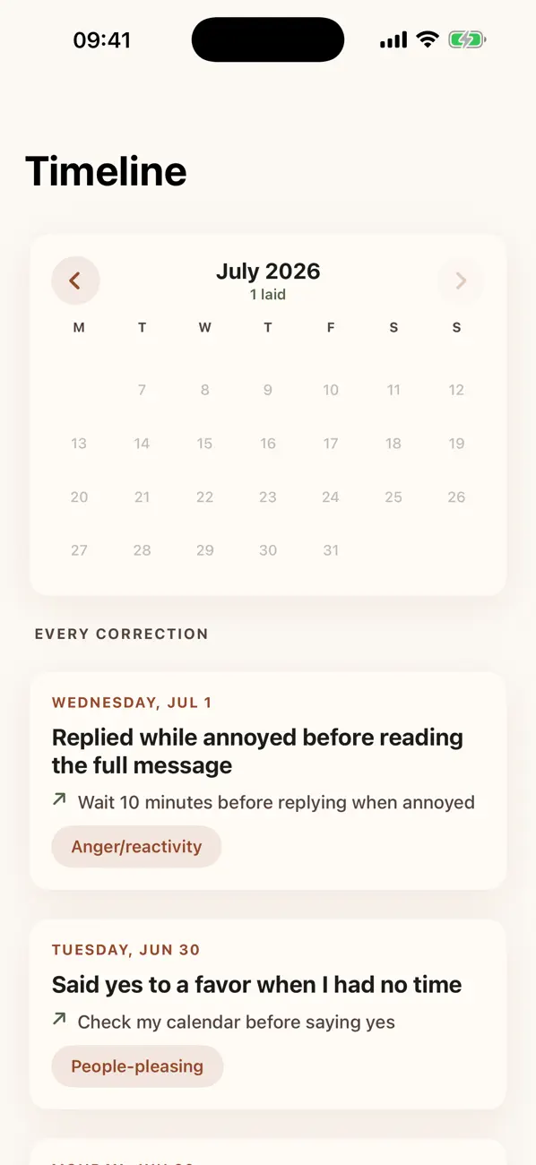 Timeline screen with a calendar and every past correction tagged by pattern