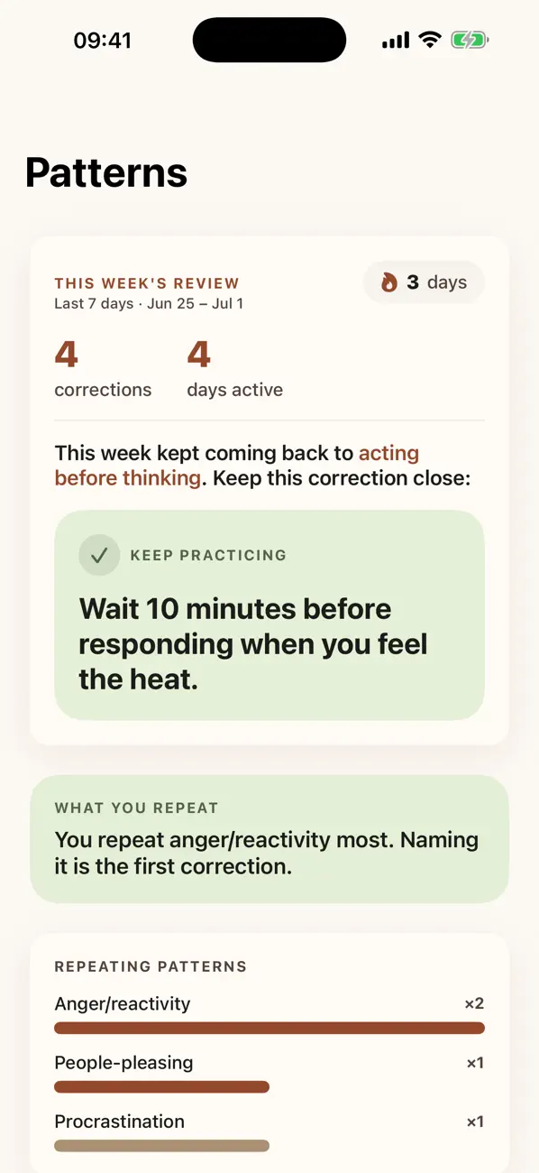Patterns screen showing your most repeated patterns and this week's review
