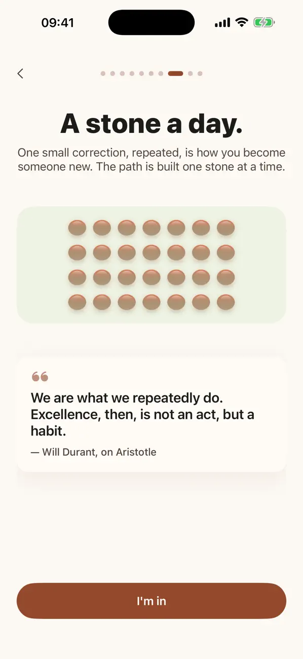 A stone a day screen — one small correction, repeated, builds the path